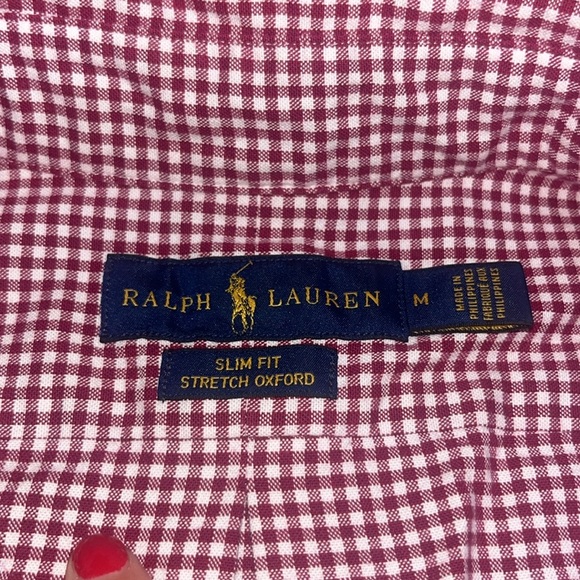Ralph Lauren Check Gingham Slim Fit Oxford Shirt Button Down Red White Medium - Picture 9 of 10